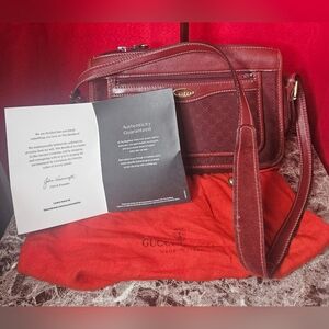 Gucci Vintage GG Monogram Shoulder Bag In Burgandy  Coated Canvas Gold Hardware
